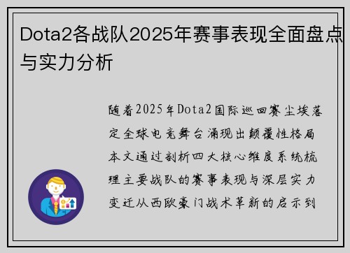 Dota2各战队2025年赛事表现全面盘点与实力分析
